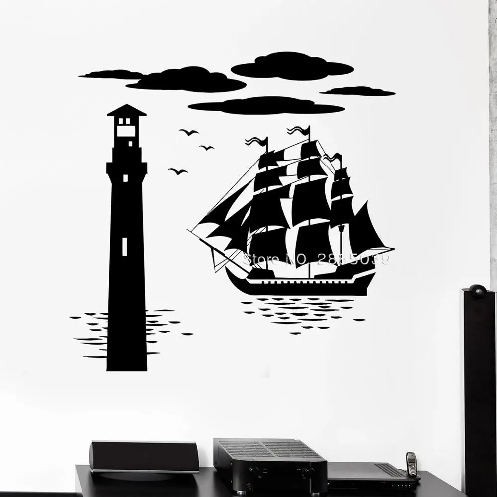 112*110cm Ship Lighthouse Vinyl Wall Decal Sea Nautical Marine Style Stickers Unique Home Decoration DIY Sticking Cloud LC1590