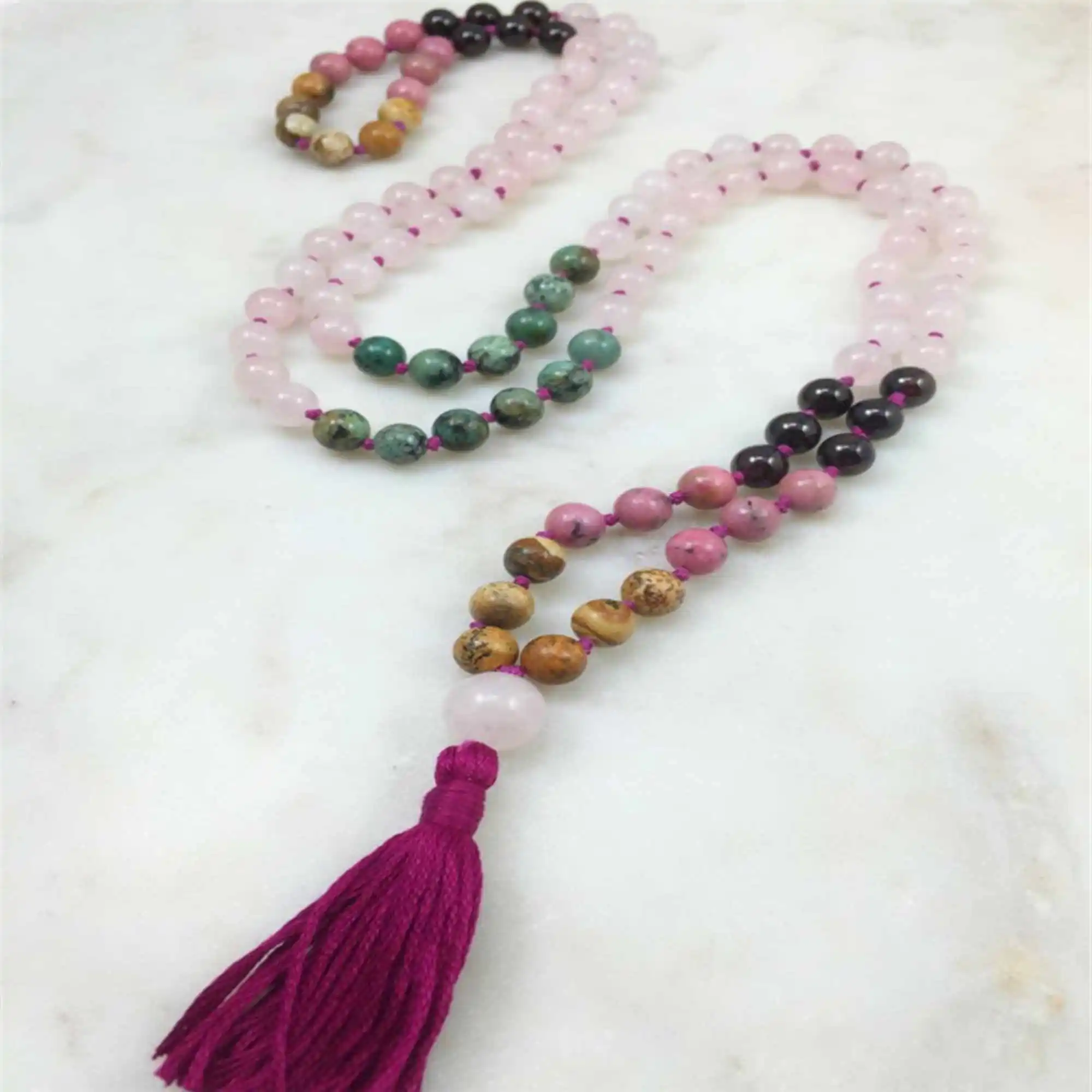 

8mm Rose Quartz 108 Buddha Beads Tassels Bracelets Wood Choker Stone Beads Yoga Peace Relief Lariat Opera length Sacred wear