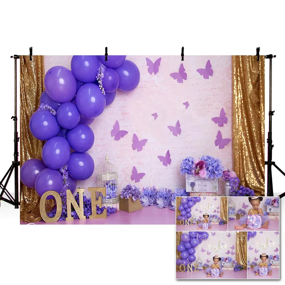 Mehofond 1st Birthday Party Backdrop Purple Floral Butterfly Balloon Baby Shower Decor Banner Photography Background Photo Studi