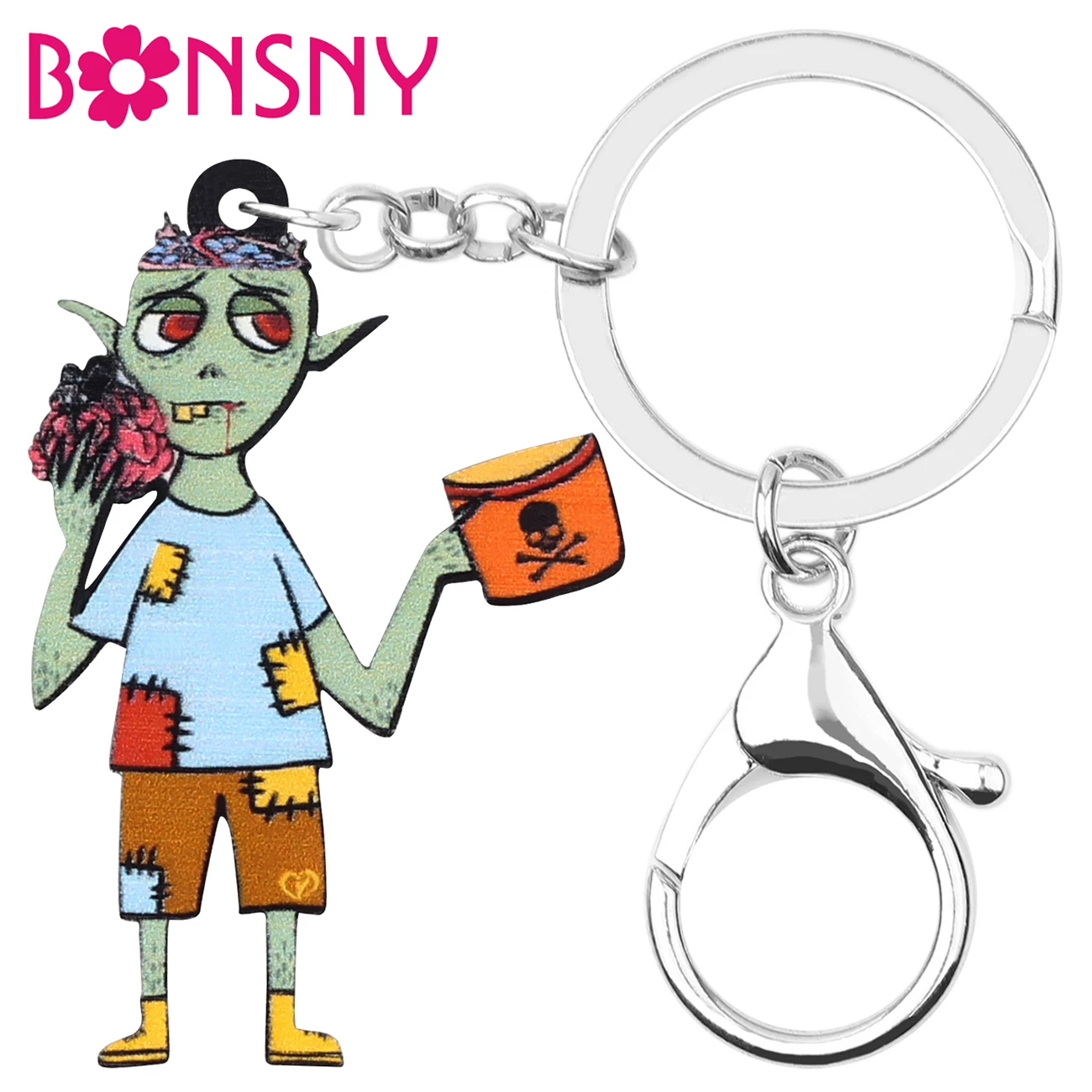 Bonsny Acrylic Halloween Brain Zombie Keychains Unique Printing Wristlet Keyring Jewelry For Women Kid Funny Gift Accessories