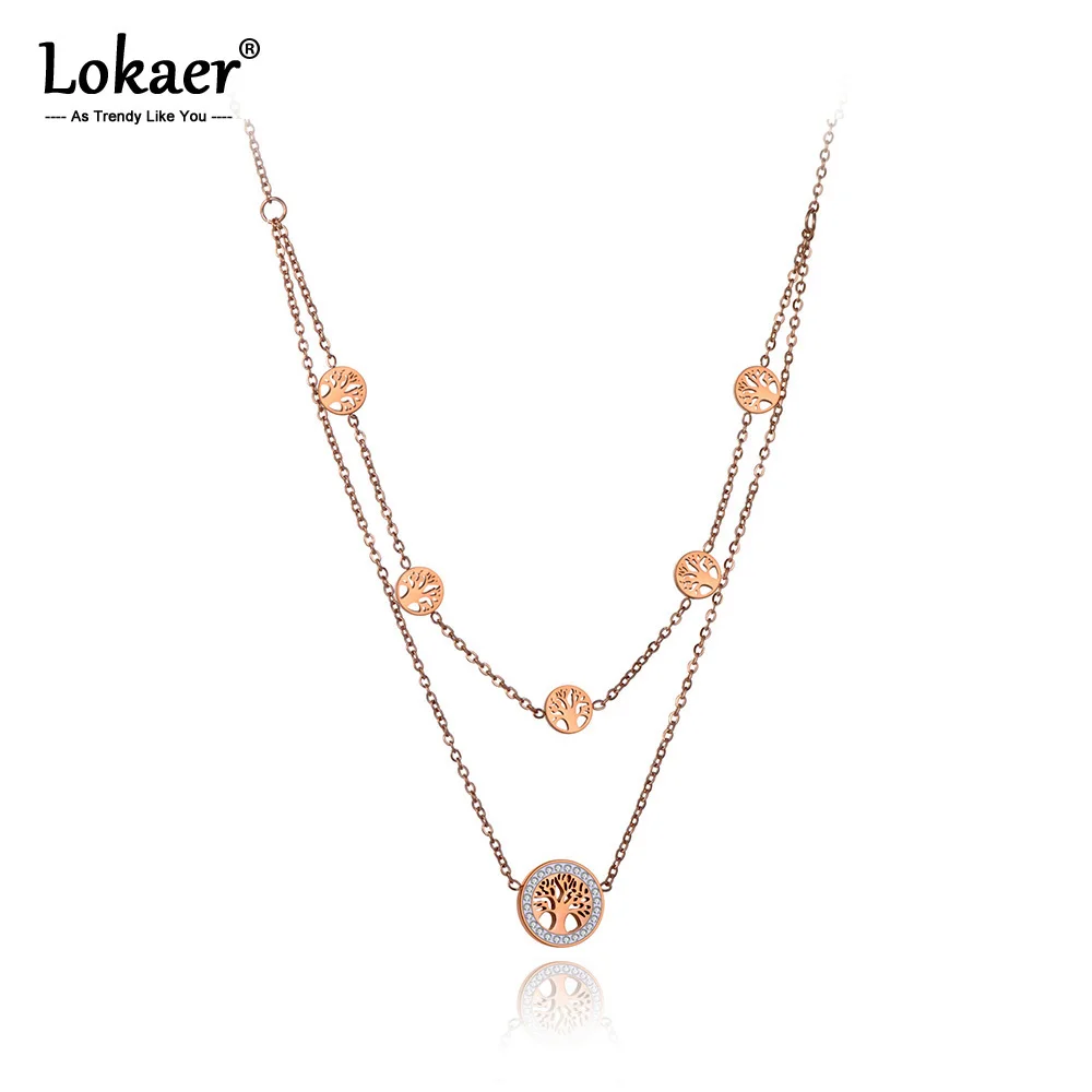 Lokaer Fashion Titanium Stainless Steel Double Layer Tree Choker Necklaces Clay Rhinestone Plant Necklace For Women Girls N20007