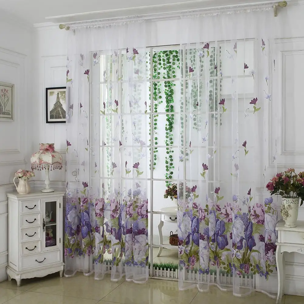 1 Pc Curtain Rod Through Design Peony Flower Printed Polyester Tulle Voile Drape Window Home Decor