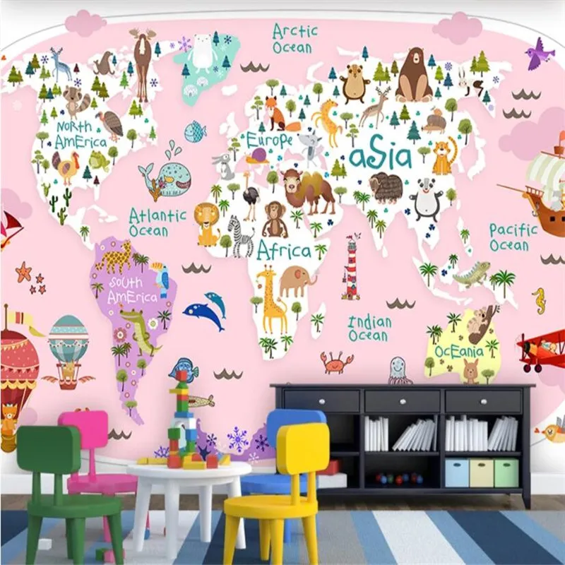 

Custom Children's Room Pink Background Wallpaper for Kids Room Cartoon Animal Aircraft World Map Mural 3D Wall Papers Home Decor