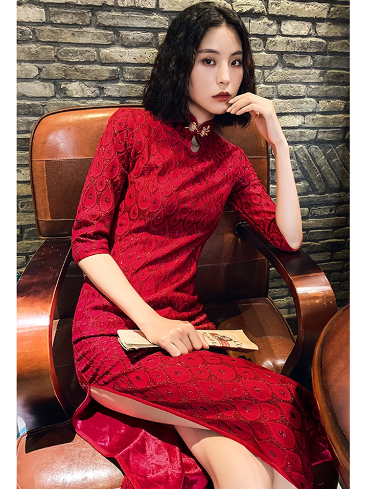 Chinese Dress Red Marry Qipao Evening Dresses Lace Cheongsam Dress New Year Festive Cheongsams Modern Long Qipao China Dress