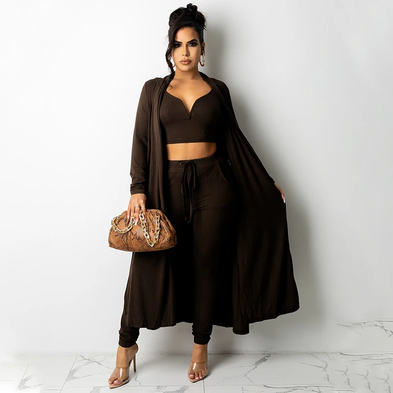 

Three Piece Set Women Sexy X Long Top Cardigan Coat Cloak Outfits Elegant Stretch Pencil Pants 2 Pcs Rib Suits Birthday Winter