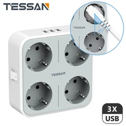 TESSAN 1/4-Way Outlets Power Strip with 2/3 USB Ports (5V/2.4A) & On/Off Switch, EU Wall Socket Extender for Smartphone, Laptop