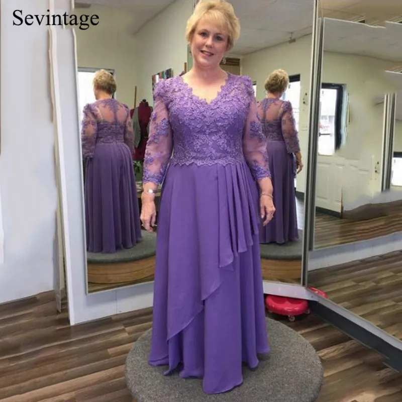 Sevintage vestido roxo de noiva, mangas 3/4, em chiffon, tamanho grande, com decote em v, renda, para festa de casamento