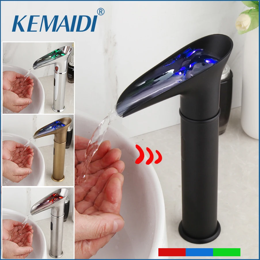 

KEMAIDI Automatic Sensor Hand Touch Griffin Matte Black Bathroom Sink Faucets Solid Brass Basin Sink Mixer Waterfall Faucet