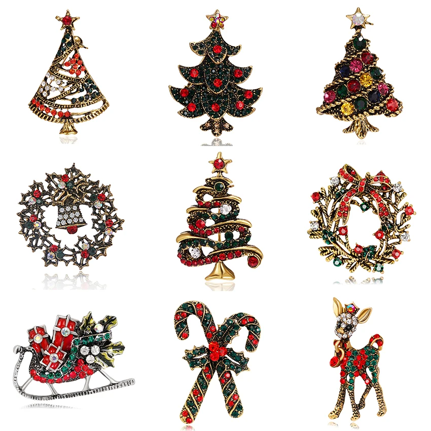 Rinhoo Vintage Christmas Tree Brooch Rhinestone Flower Bell Elk Brooches For Women Collar Lapel Pin Decoration Jewelry Xmas Gift