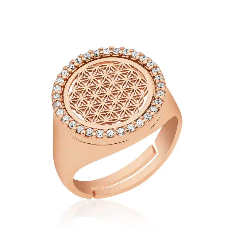 Silver Rose Oval Flower of Life Ring