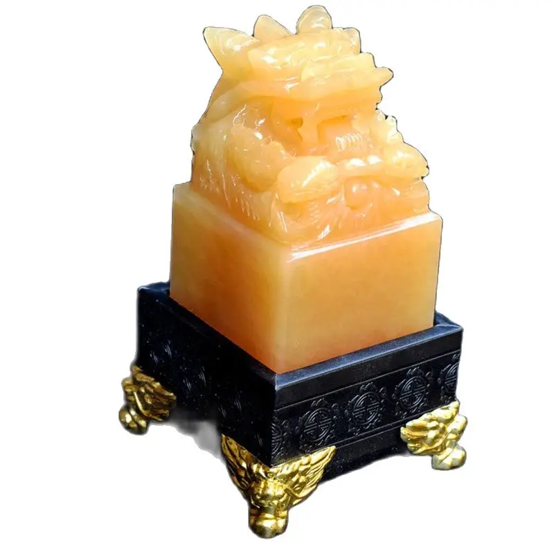 

Chinese Hand-Carved Natural Topaz Dragon Jade Seal Natural Yellow Jade Stone Seal