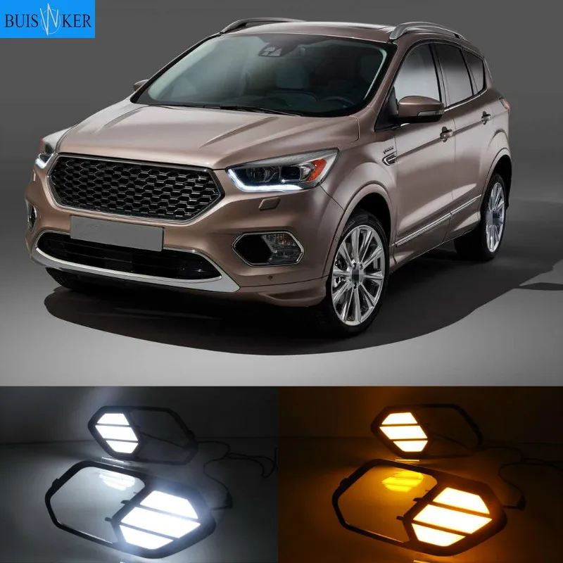 2PCS LED Daytime Running Light For Ford Escape Kuga 2016 2017 2018 2019 Turn Yellow Signal Waterproof Car 12V LED DRL Lamp