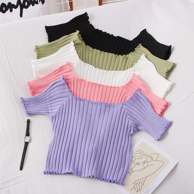 Pearl Diary Women Summer Crop Tops Knitting Rib Slim Fit Lettuce Edge Cute Knitted Tees Short Sleeve Ruffle Hem Girl Top New