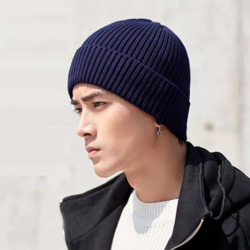 

Autumn Men's Knitted Hat Short Large Size Hip Hop Solid Bonnet Warm Beanie for Men Retro Brimless Baggy Melon Cap Skull