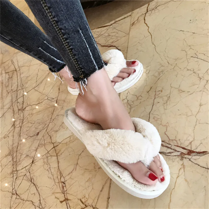 COOTELILI Winter Fashion Women Home Slippers Faux Fur Warm Shoes Woman Slip on Flats Female Fur Flip Flops Beige Plus Size 36-41