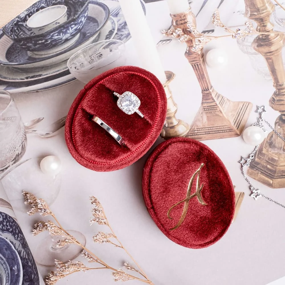 Personalized Oval Velvet Ring Box Custom Monogram Double Slot Ring Storage Box 7 Colors Engagement Wedding Decoration Handmade