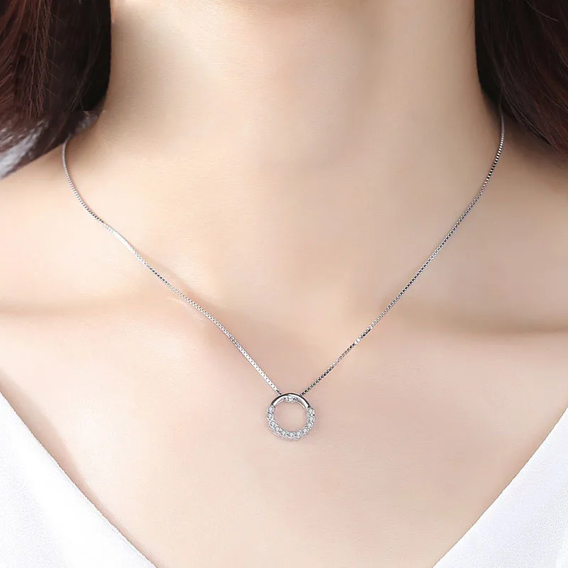 New Fashion 925 Sterling Silver Jewelry Round Zircon Pendants Necklaces Women Fine Semi Rhinestone Circle Clavicle Chain Choker