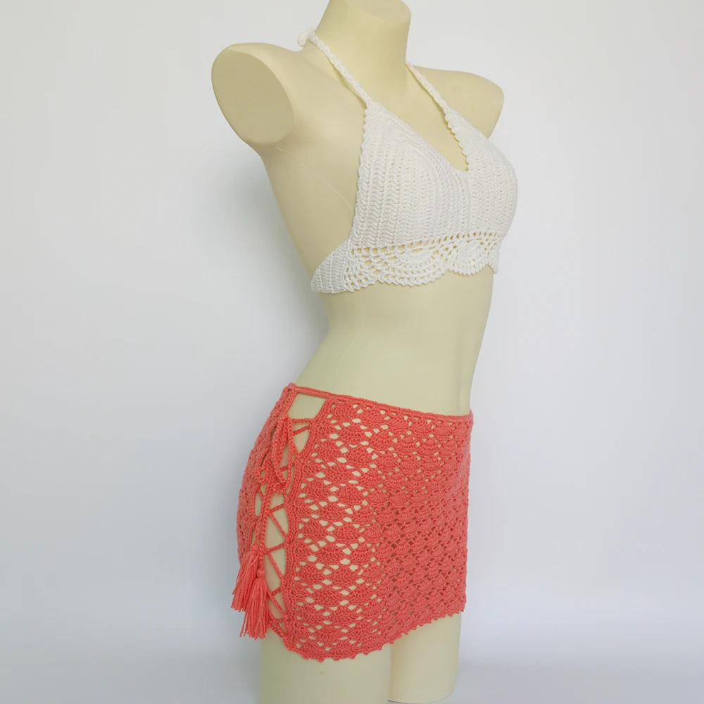 Summer Women\'s 2 Pieces Swimsuit Crochet Bikini Top With Chest Pad And Bandage Hollow Out Mid Waist Beach Skirt Bikini Cover Up