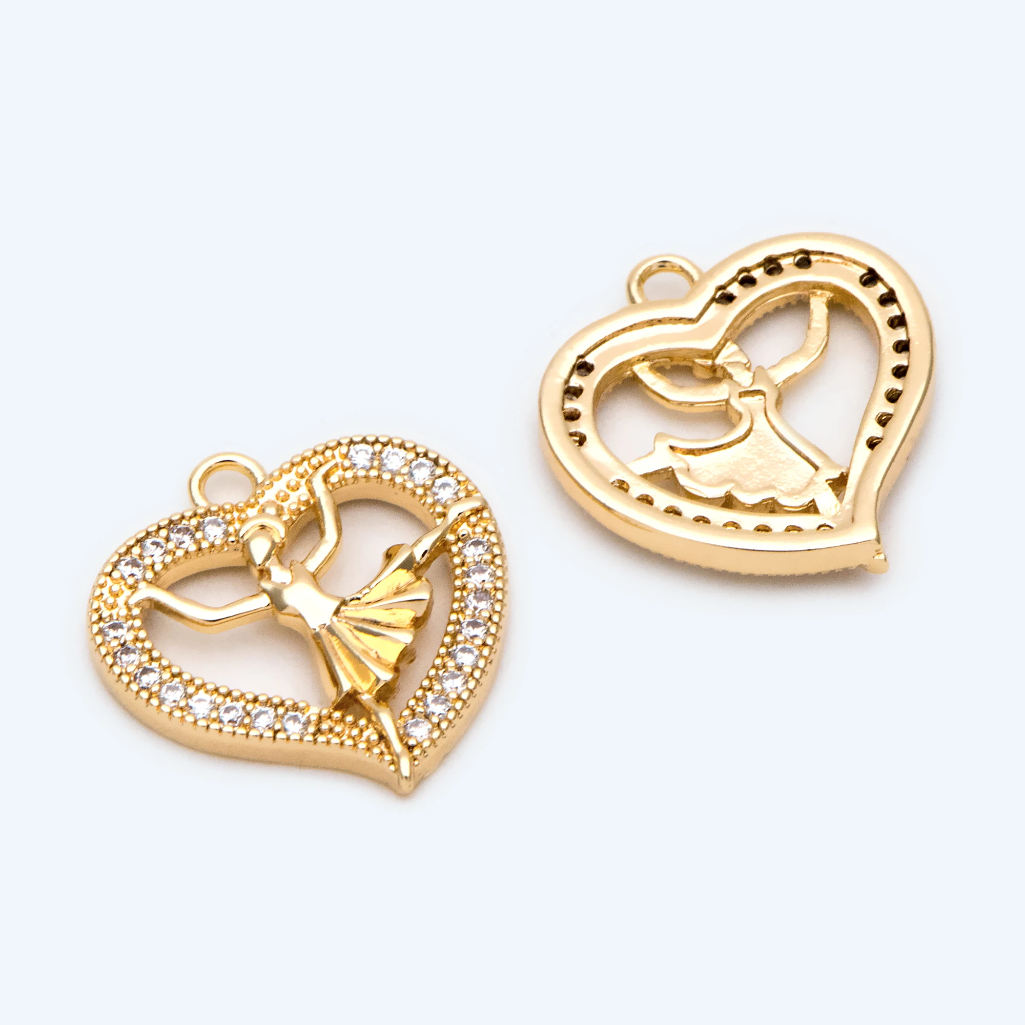 4pcs CZ Paved Gold Dancer Heart Charm, Earring Findings, Jewelry Making, Diy Material, Jewelry Supplies (GB-2549)