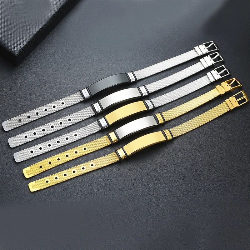 MESH BRACELET FOR MEN WOMEN SILVER STAINLESS STEEL METAL ADJUSTABLE ENGRAVABLE UNISEX BRACELETS
