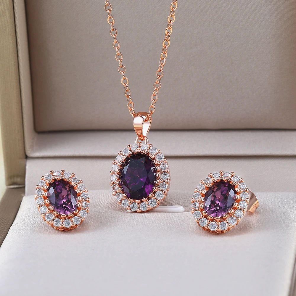 5 Colors Bridal Wedding Set For Women Green Crystal Necklace & Earrings Rose Gold Color Cubic Zirconia Fashion Jewelry S106