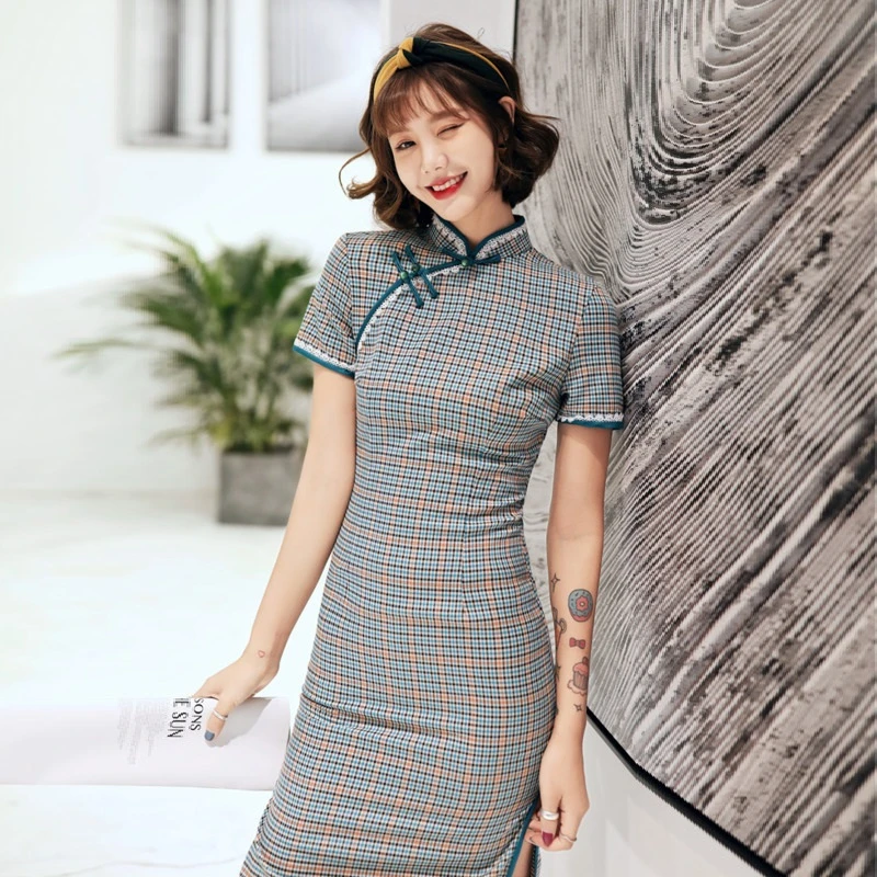 Ladies Plaid Cotton Linen Knee Cheongsam Chinese Qipao Dress Summer Slim Dress TR Lattice Teenage Girl Everyday Wear