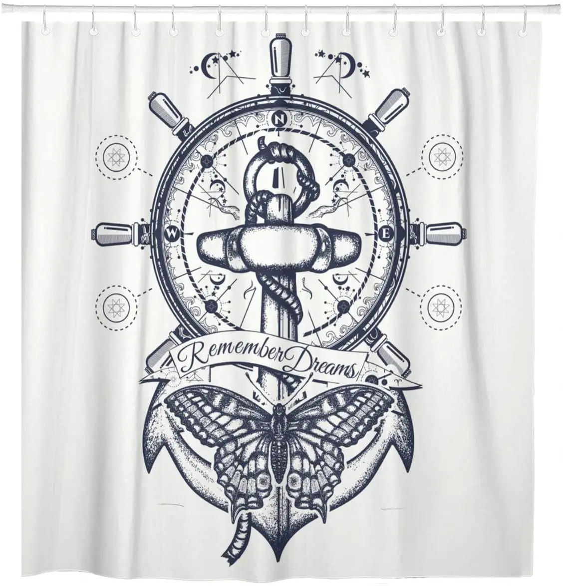 Anchor Steering Wheel Butterfly Tattoo Symbol of Freedom Marine Shower Curtain Waterproof Fabric 72 x 72 Inches Set with Hooks