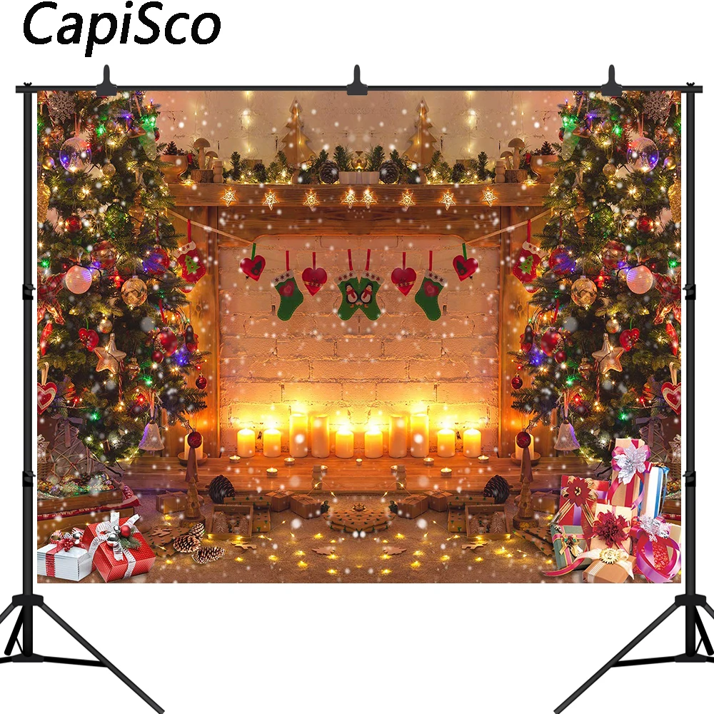 

Capisco Photography Background Christmas Decoration Tree Retro Vintage brick Wall Fireplace Christmas Backdrops for Photo Studio