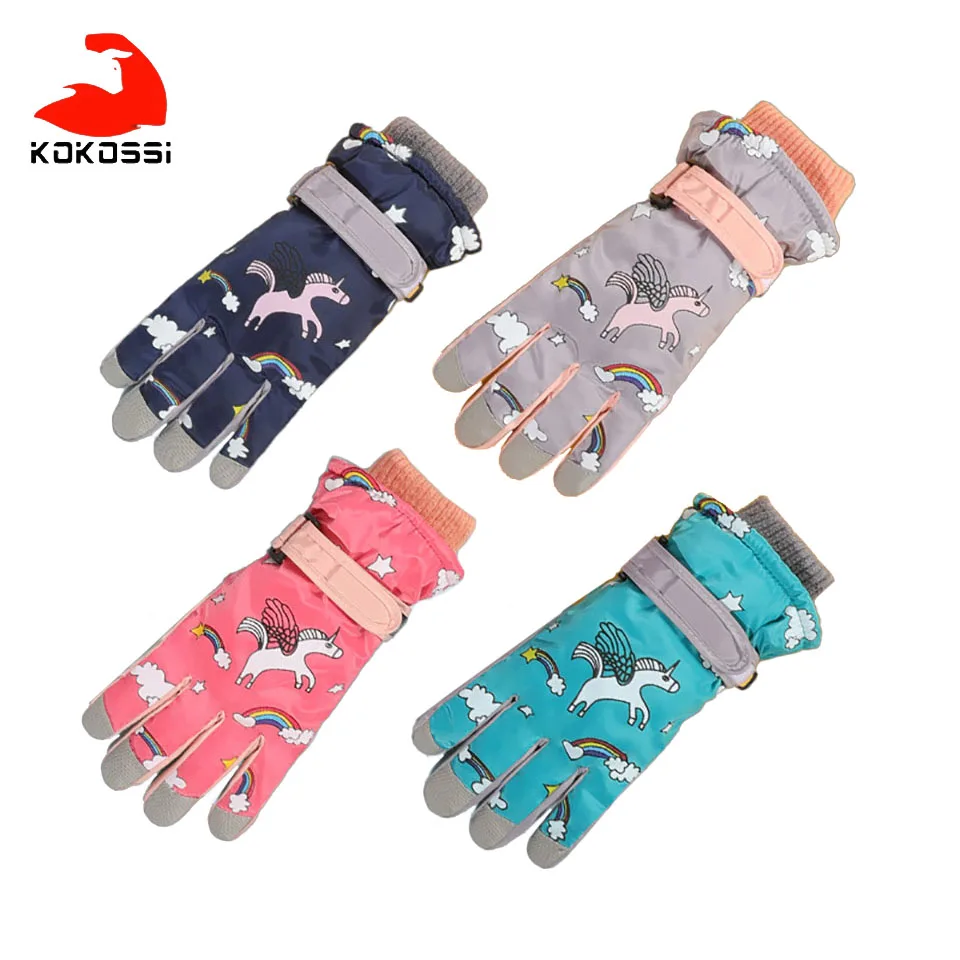 KoKossi Winter Kids Ski Gloves Waterproof Palm Non-slip Wearable Plus Velvet Outdoor Sports Warm Cartoon Children Ski Gloves