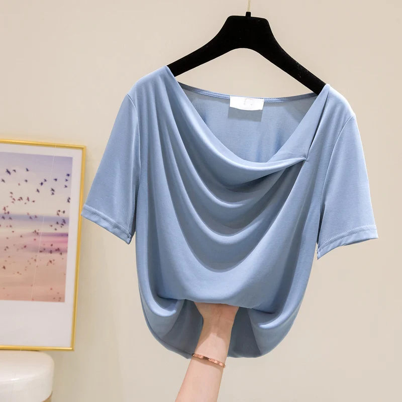 

2021 Summer New Loose Cupro Short-sleeved Irregular Beckline T-shirt Female Design Sense Niche Temperament Ice Silk Mask Top