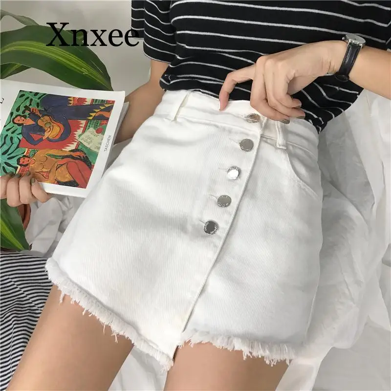 

Irregular Sexy women's Denim Skirts Shorts Single Breasted Wide Leg White Hot Shorts Denim Short Feminino Jeans Skirt