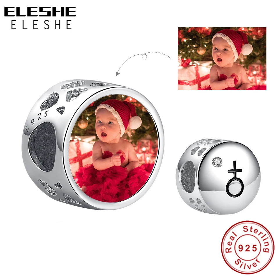 ELESHE 925 Sterling Silver Christmas Gender Sign Custom Photo Bead For Girl Women Fit Original Bracelet DIY Jewelry Making Gift