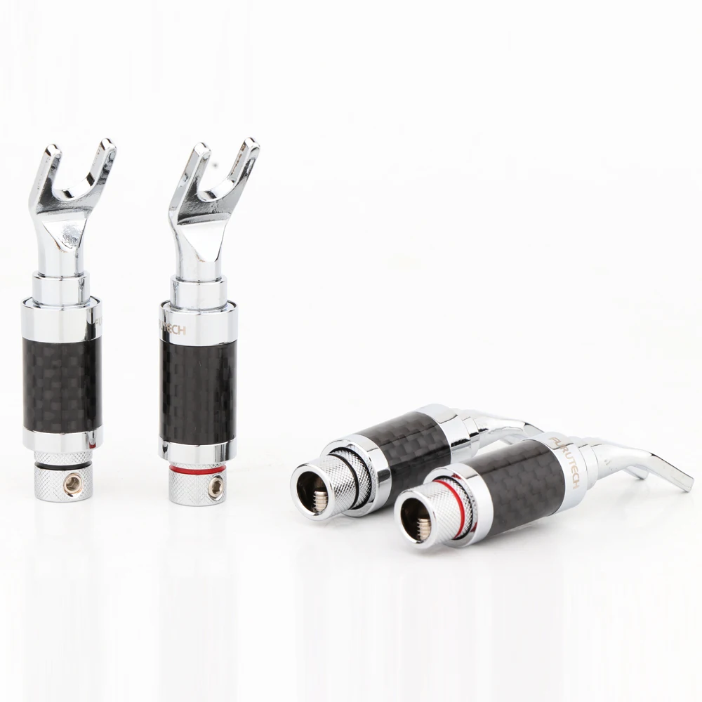 4 Stück rhodinierter Y-Spaten-Stecker, schwarzer Kohlefaser-Lautsprecherkabelstecker – Detail 2