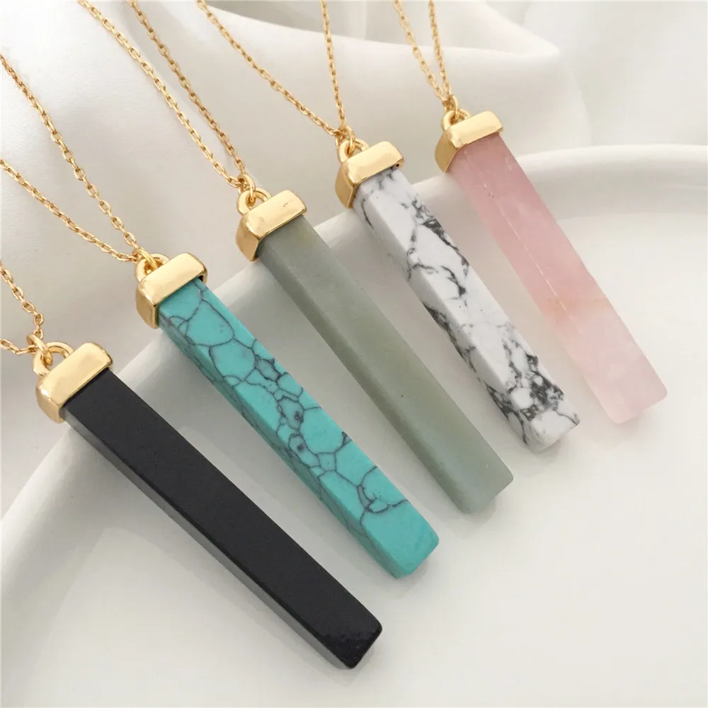 Bohemia Gold Color Plating Black White Greenblue Marble Stone Stick Pendant Long Necklace For Women Girl Elegant Sweater Jewelry