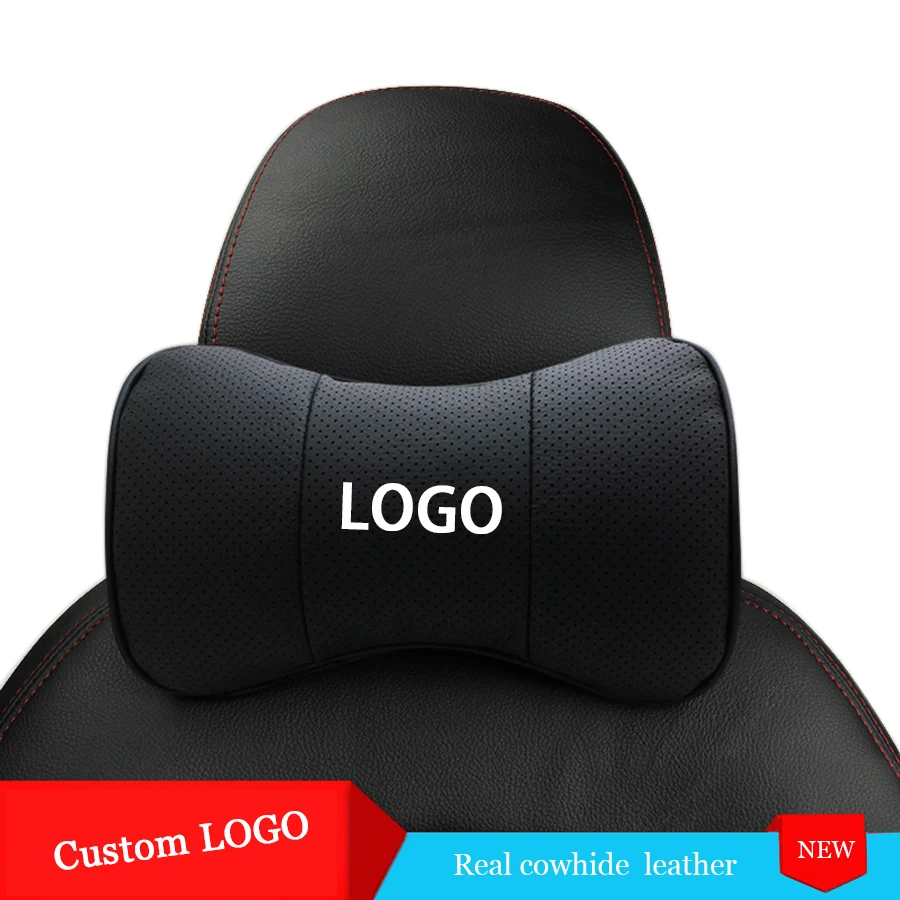 

Auto Sport 2 PC Genuine Leather Bone-Shaped Car Seat Pillow Neck Rest Headrest Comfortable Black Cushion Pad custom Logo Pattern