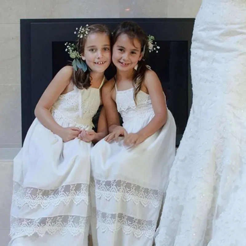 

Boho Country Lace Flower Girls Dresses for Weddings Backless Halter Sleeveless Long Holy First Communion Dress for Children