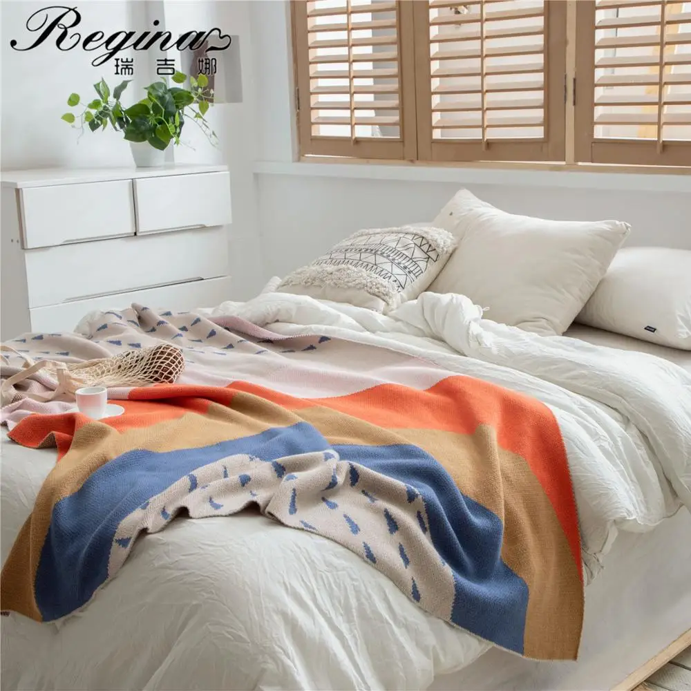 REGINA Bohemian Raindrop Rainbow Throw Blanket For Bed Sofa Cute Iridescent Plaid Cotton Office Travel Wearable Photo Blankets