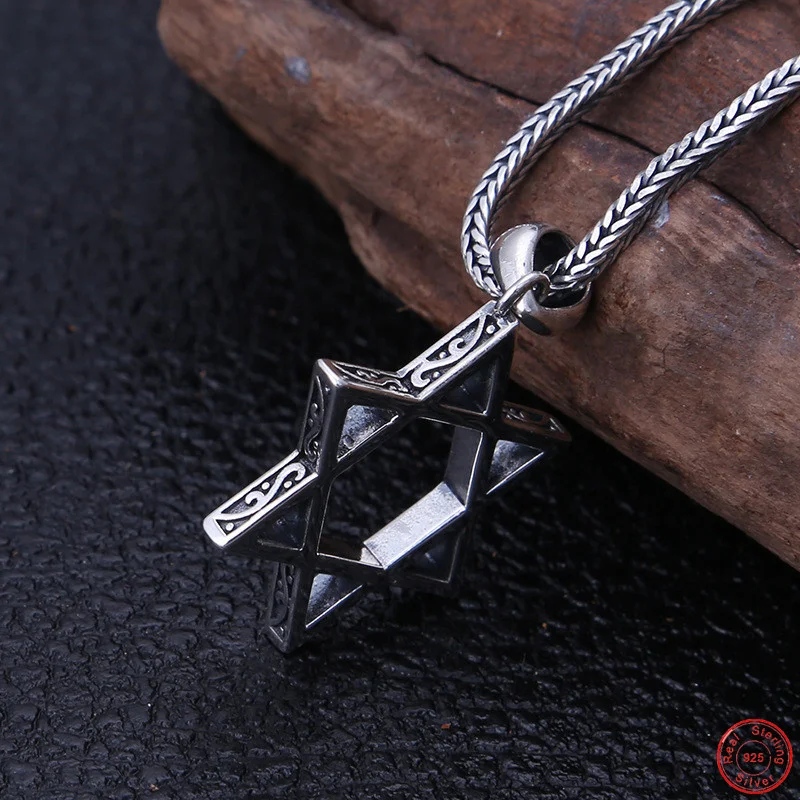 S925 Sterling Silver Pendants for Men Women Retro Eternal Rattan Rattan Pattern Hollow Hexagram Amulet Fashion Jewelry Wholesale