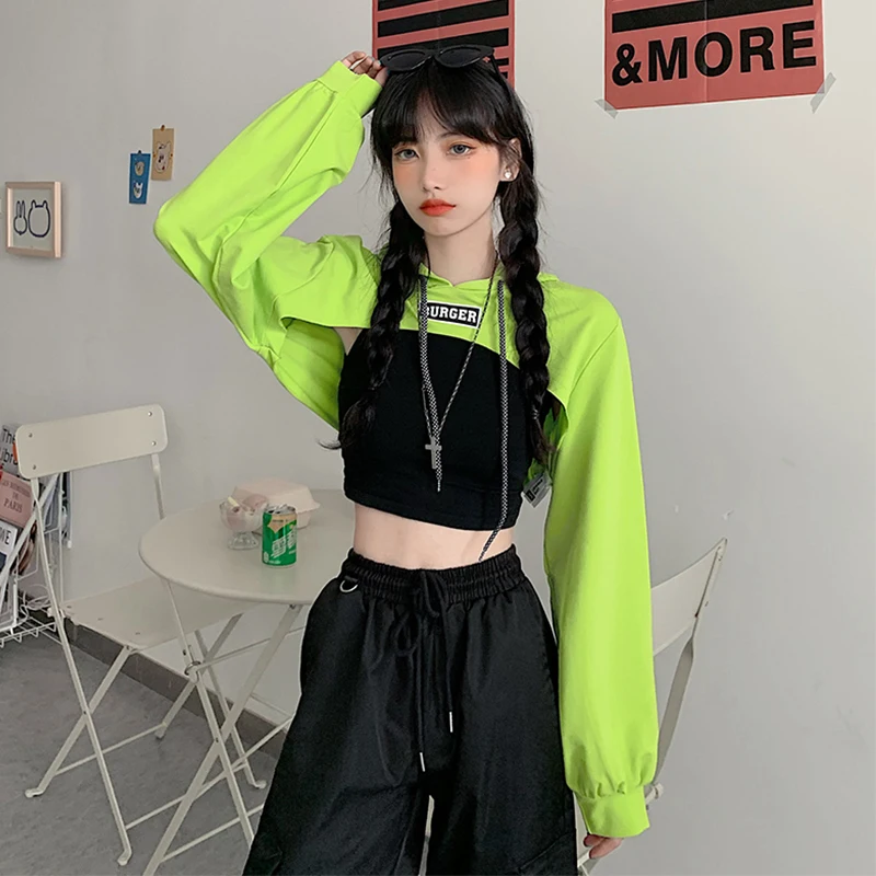 Harajuku Hoodies Women School Students Kpop Hooded Green Crop Top  Fashionable Elastic Japanese Style Chic Sweatshirt New