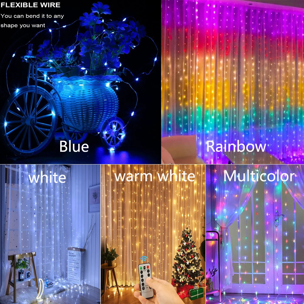 Multicolor LED Cortinas String Lights, arco-íris, azul, branco quente, USB Guirlanda, Fairy Lights para decoração de Natal