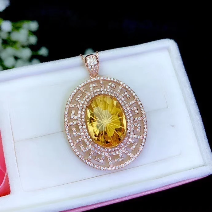 big size yellow citrine pendant for necklace women silver fine jewelry bright yellow color 925 sterling silver party gift oval