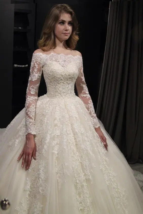 Abiti da sposa principessa al largo della spalla abiti da sposa in pizzo a maniche lunghe con cerniera sul retro abito da ballo da sposa Vestido De Novia