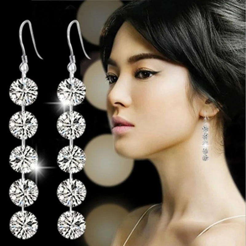 Women\'s Fashion Long Drop Earrings Shiny Crystal CZ Stone Connected Charming Dangle Earrings Jewelry For Lady Girls