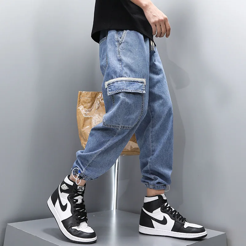 N1031 Spring Men's Clothing Jeans Trendy Cargo Big Pockets Drawstring Tie Feet Korean Style Street Loose All-Match Denim Pants