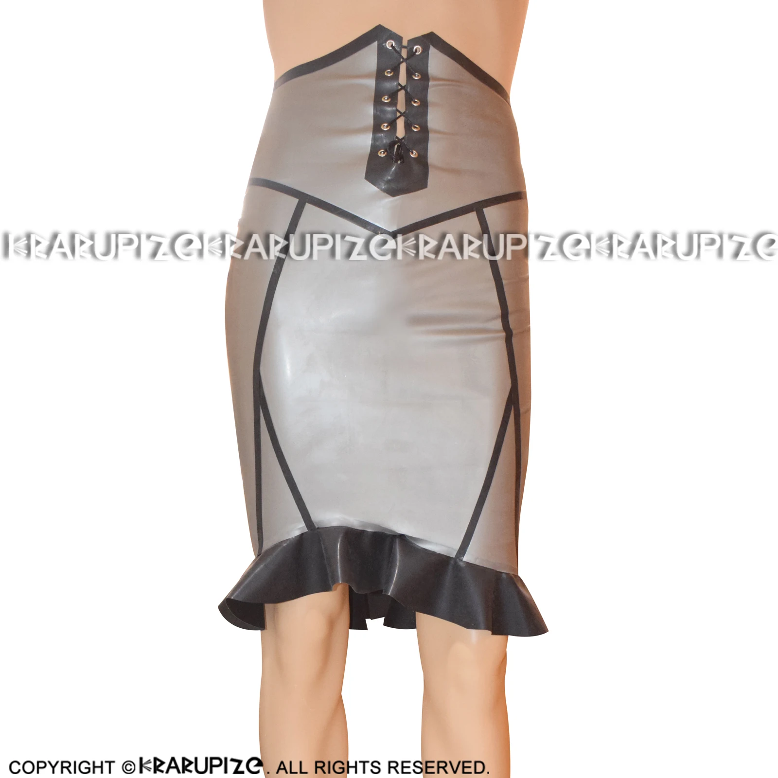 Metallic Silver And Black Sexy Latex Skirts With Ruffles Lacing At Front Zipper At Back Rubber Bottoms DQ-0030