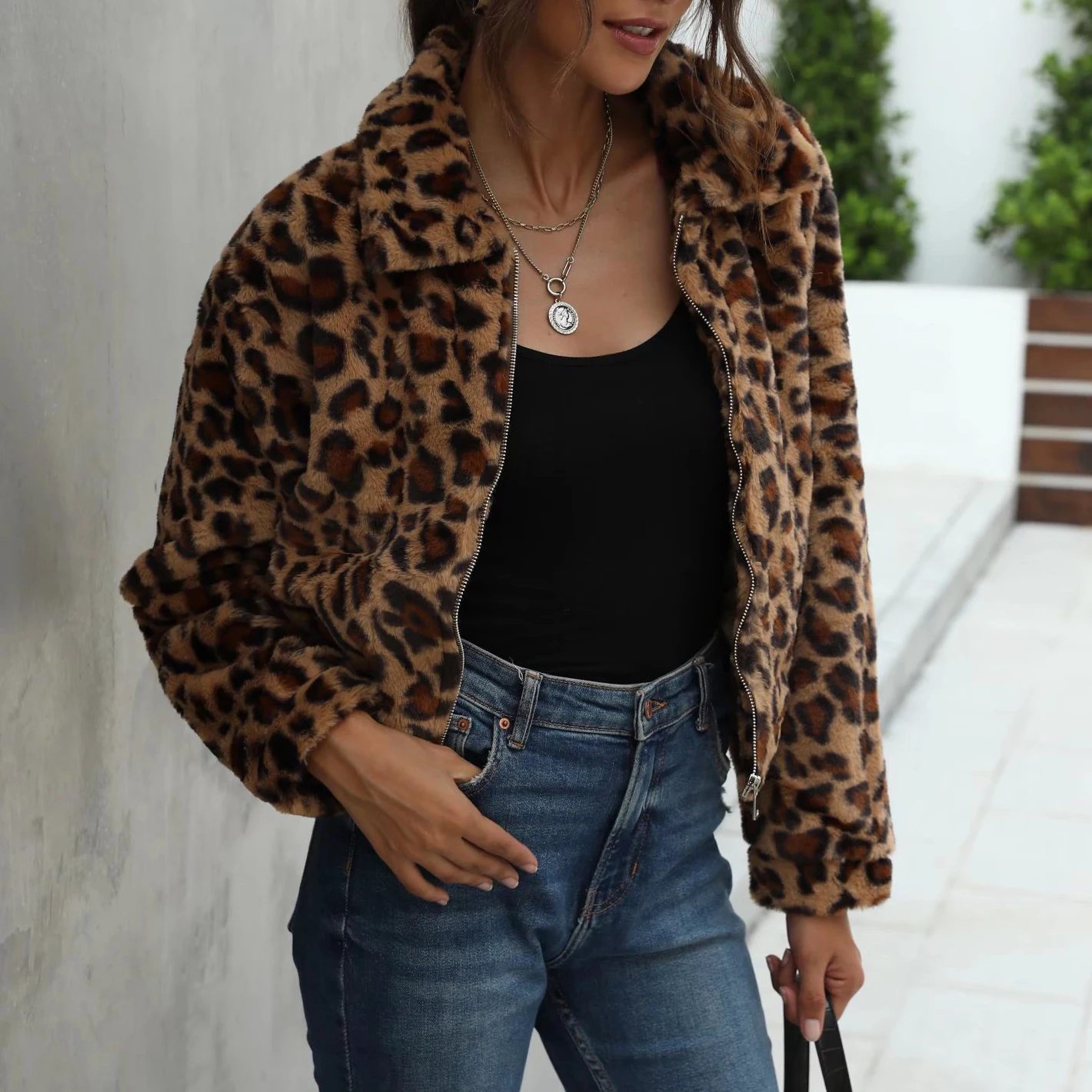 PUWD Fashion Women Leopard Print Plush Short Jacket  2021 Autumn Winter Retro Zipper Leisure Jackets Loose Female Short Outwear