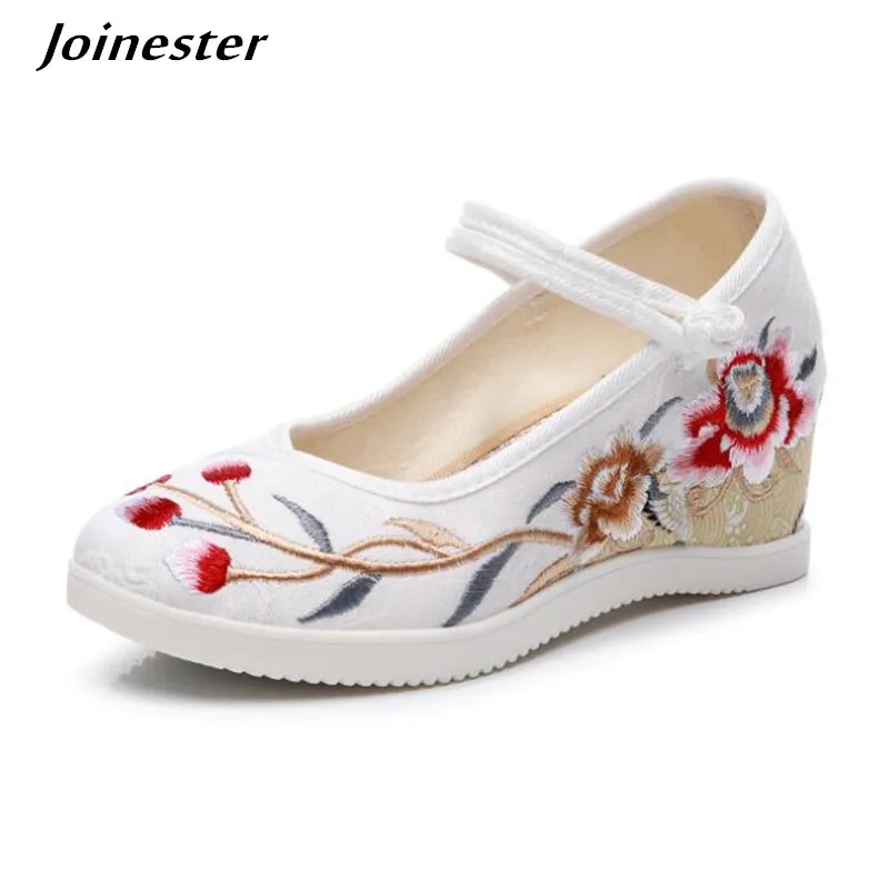 Women\'s Embroidered Wedges Shoe Retro Mary Jane Pumps Summer Casual Shoes Ladies Round Toe Cotton Shoes Beach Sandal Dance Shoe