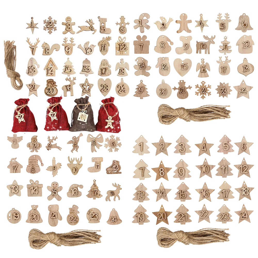 24Pcs DIY Numbers Christmas Advent Calendar Wooden Pendant Xmas Bags Number Label Calendar Countdown Hanging Tags For Home Decor