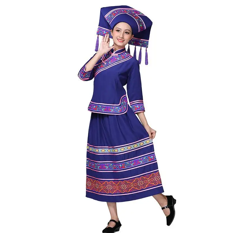 

Yao Dress Chinese Folk dance Suits Hat + Jacket + Skirt Oriental Ethnic minority dance clothing Special Fashion Hmong clothes