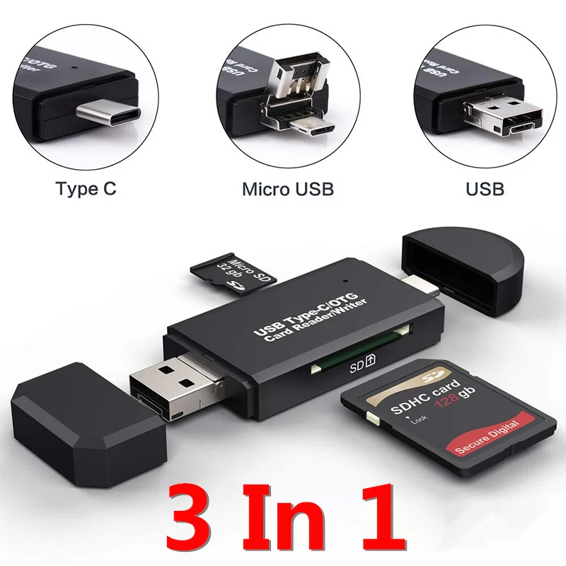 Type C & micro USB & USB 3 In 1 OTG Card Reader High-speed Universal OTG TF/SD for Android Computer Extension Headers Cardreader